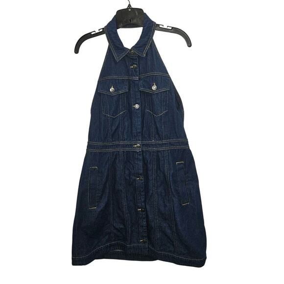 Backless Collared Blue Denim Button-up Mini Dress Size 14 Retro 70s Vibes - Picture 2 of 7